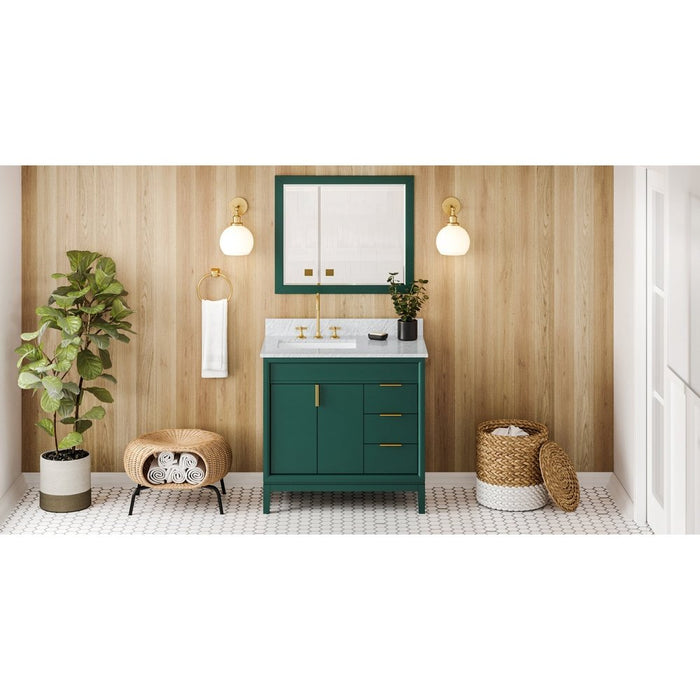 Jeffrey Alexander 36" Forest Green Theodora Vanity, left offset, White Carrara Marble Vanity Top, undermount rectangle bowl