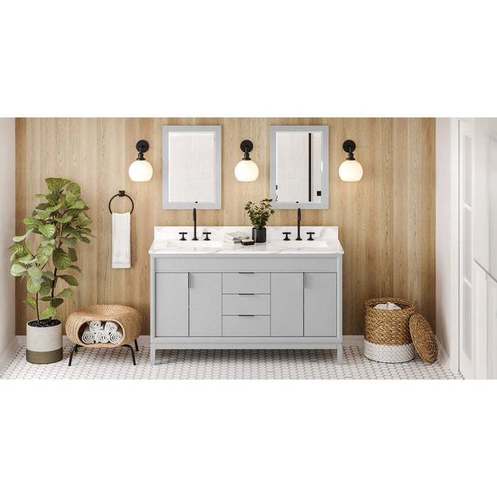 Jeffrey Alexander 60" Grey Theodora Vanity, double bowl, Calacatta Vienna Quartz Vanity Top, two undermount rectangle bowls