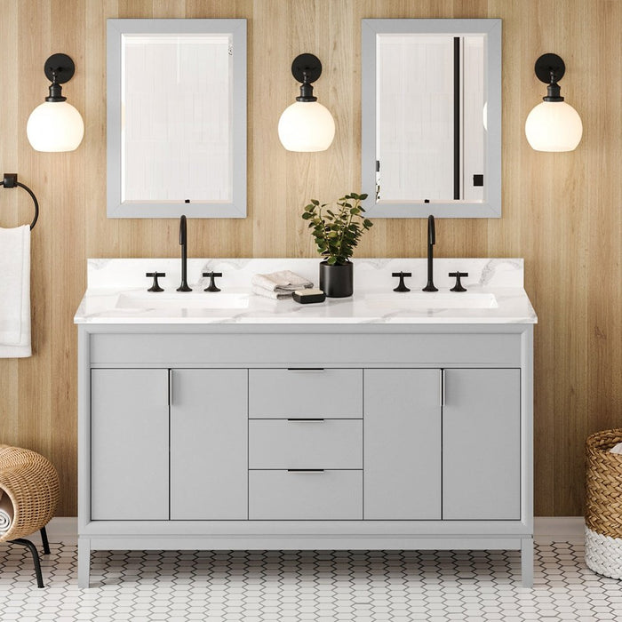 Jeffrey Alexander 60" Grey Theodora Vanity, double bowl, Calacatta Vienna Quartz Vanity Top, two undermount rectangle bowls