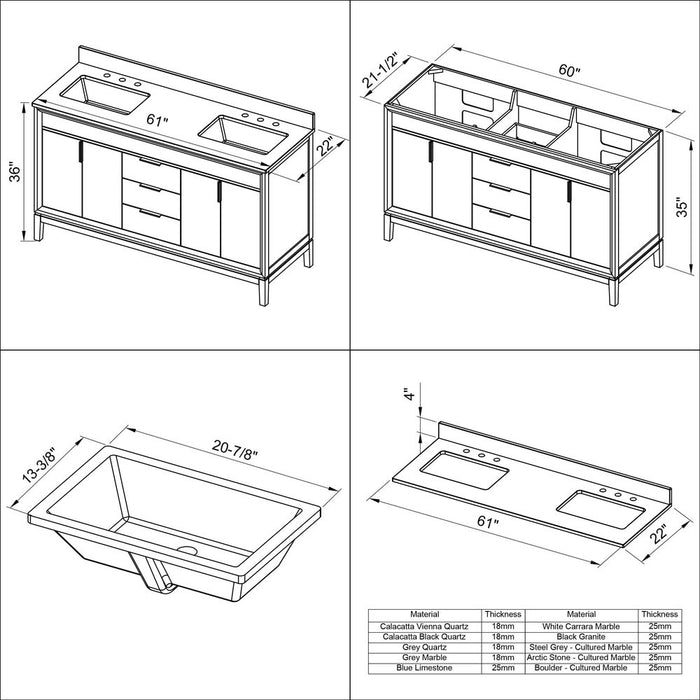 Jeffrey Alexander 60" Grey Theodora Vanity, double bowl, Calacatta Vienna Quartz Vanity Top, two undermount rectangle bowls