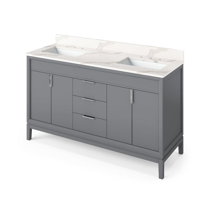 Jeffrey Alexander 60" Grey Theodora Vanity, double bowl, Calacatta Vienna Quartz Vanity Top, two undermount rectangle bowls