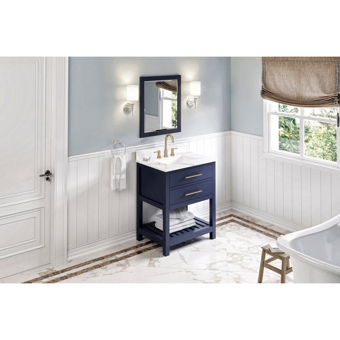 Jeffrey Alexander 30" Hale Blue Wavecrest Vanity, Calacatta Vienna Quartz Vanity Top, undermount rectangle bowl