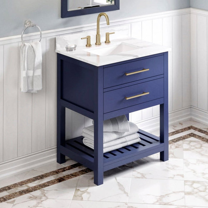 Jeffrey Alexander 30" Hale Blue Wavecrest Vanity, Calacatta Vienna Quartz Vanity Top, undermount rectangle bowl