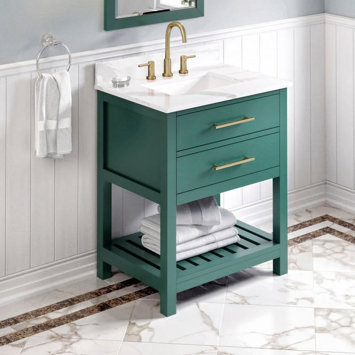 Jeffrey Alexander 30" Forest Green Wavecrest Vanity, Calacatta Vienna Quartz Vanity Top, undermount rectangle bowl