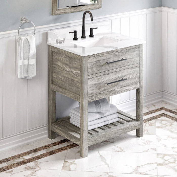 Jeffrey Alexander 30" Weathered Grey Wavecrest Vanity, Calacatta Vienna Quartz Vanity Top, undermount rectangle bowl