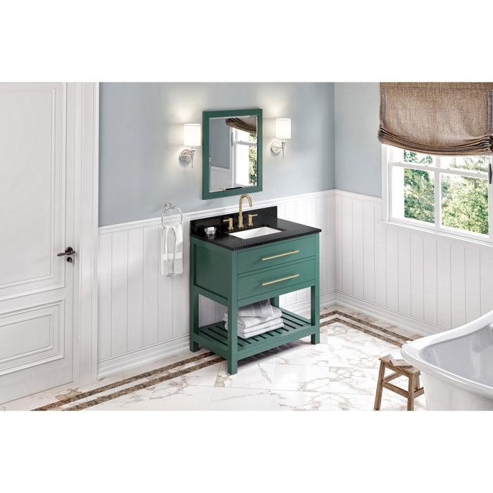 Jeffrey Alexander 36" Forest Green Wavecrest Vanity, Black Granite Vanity Top, undermount rectangle bowl