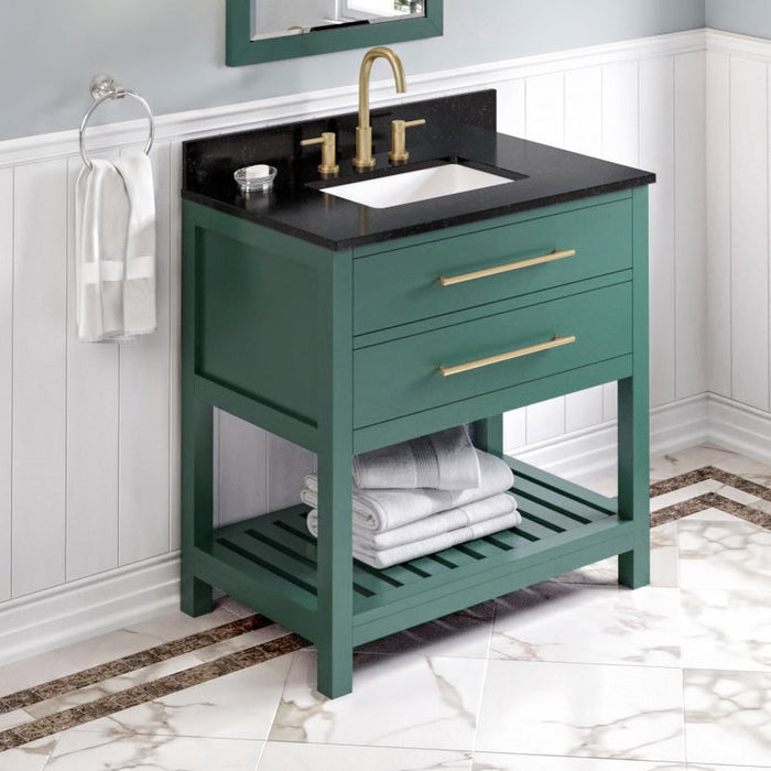 Jeffrey Alexander 36" Forest Green Wavecrest Vanity, Black Granite Vanity Top, undermount rectangle bowl