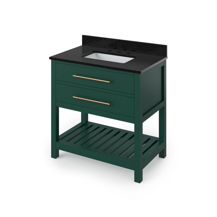 Jeffrey Alexander 36" Forest Green Wavecrest Vanity, Black Granite Vanity Top, undermount rectangle bowl