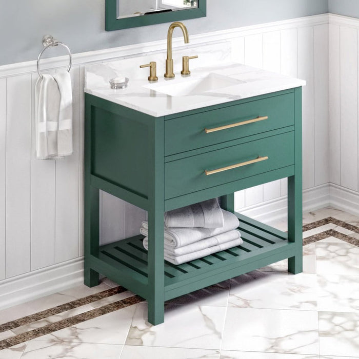 Jeffrey Alexander 36" Forest Green Wavecrest Vanity, Calacatta Vienna Quartz Vanity Top, undermount rectangle bowl