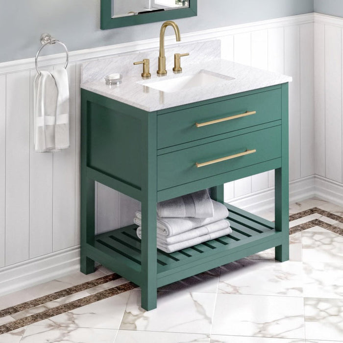 Jeffrey Alexander 36" Forest Green Wavecrest Vanity, White Carrara Marble Vanity Top, undermount rectangle bowl