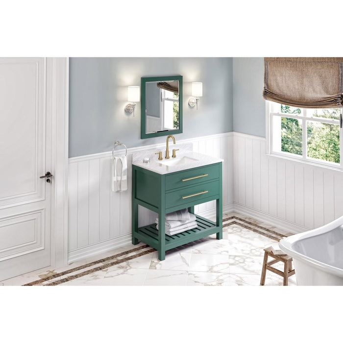 Jeffrey Alexander 36" Forest Green Wavecrest Vanity, White Carrara Marble Vanity Top, undermount rectangle bowl