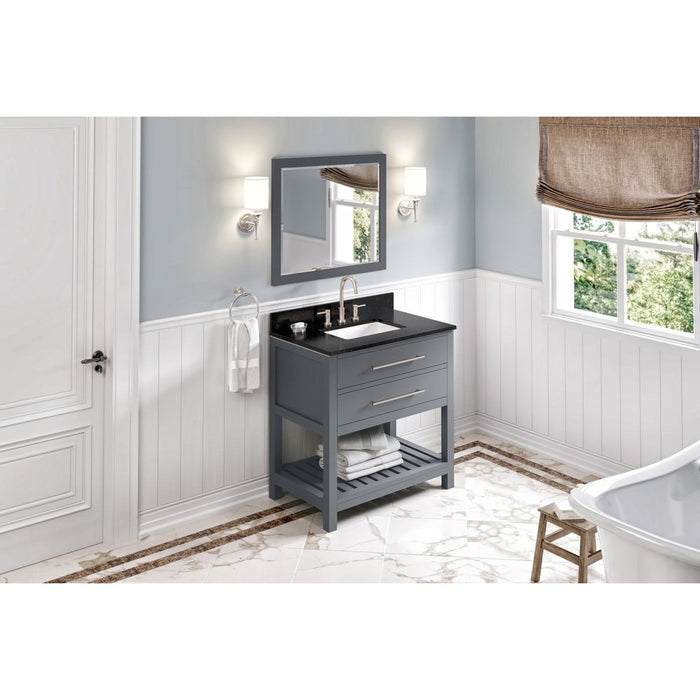 Jeffrey Alexander 36" Grey Wavecrest Vanity, Black Granite Vanity Top, undermount rectangle bowl