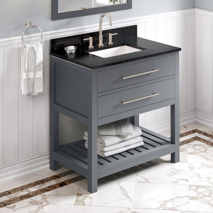 Jeffrey Alexander 36" Grey Wavecrest Vanity, Black Granite Vanity Top, undermount rectangle bowl