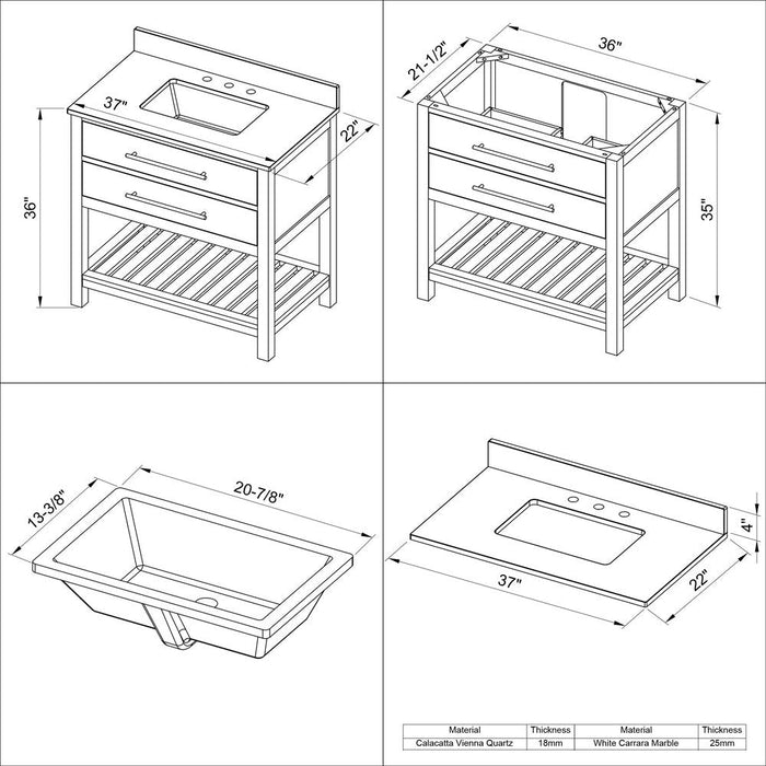 Jeffrey Alexander 36" Forest Green Wavecrest Vanity, White Carrara Marble Vanity Top, undermount rectangle bowl