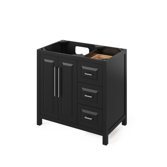 Jeffrey Alexander 36" Black Cade Vanity, left offset, Calacatta Vienna Quartz Vanity Top, undermount rectangle bowl