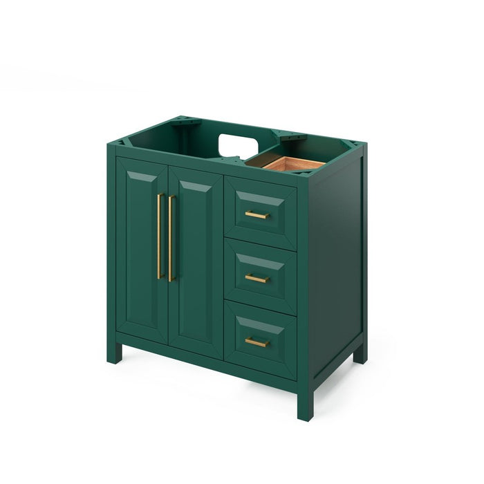 Jeffrey Alexander 36" Forest Green Cade Vanity, left offset, Calacatta Vienna Quartz Vanity Top, undermount rectangle bowl