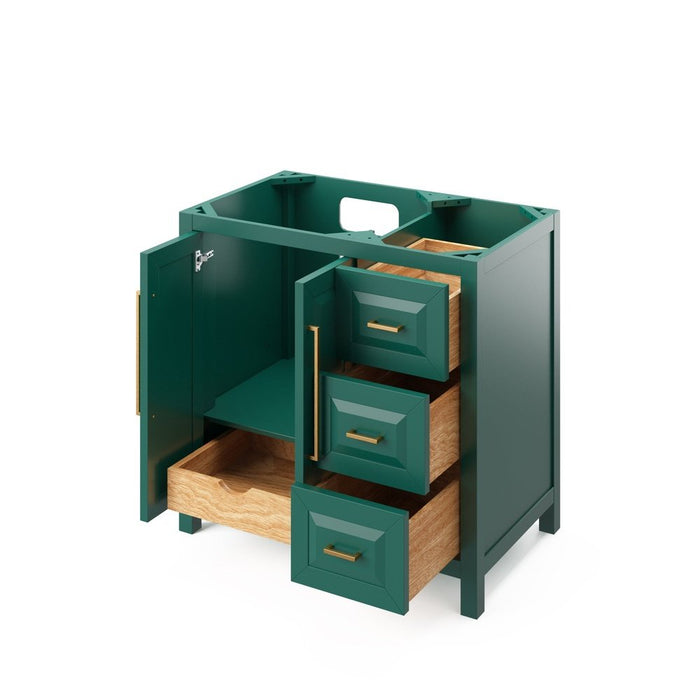 Jeffrey Alexander 36" Forest Green Cade Vanity, left offset, Calacatta Vienna Quartz Vanity Top, undermount rectangle bowl