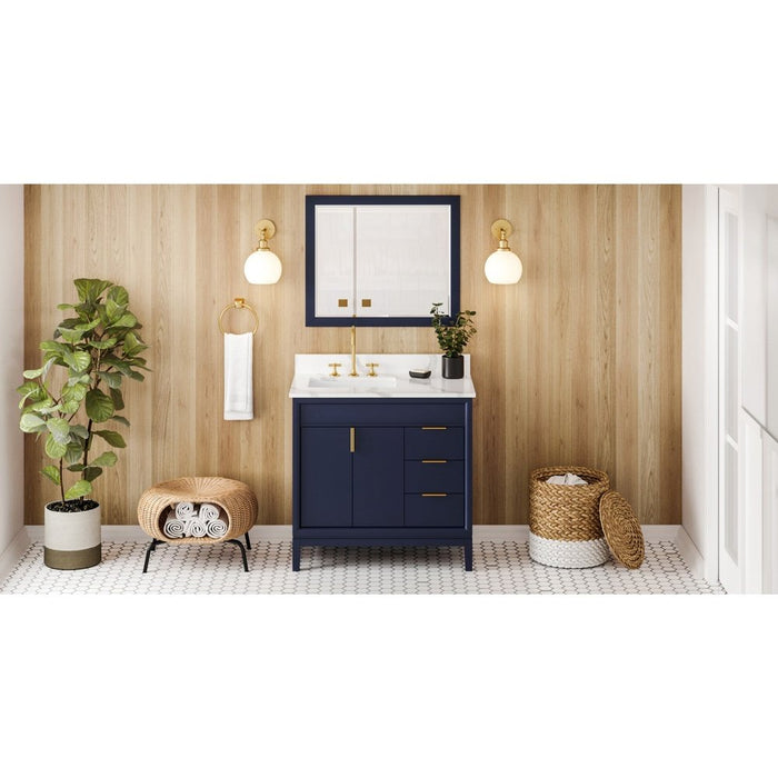 Jeffrey Alexander 36" Hale Blue Theodora Vanity, left offset, Calacatta Vienna Quartz Vanity Top, undermount rectangle bowl