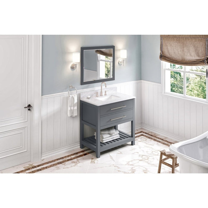 Jeffrey Alexander 36" Grey Wavecrest Vanity, White Carrara Marble Vanity Top, undermount rectangle bowl