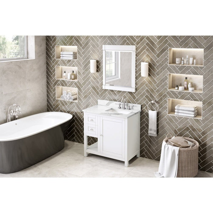 Jeffrey Alexander 36" White Astoria Vanity, right offset, Calacatta Vienna Quartz Vanity Top, undermount rectangle bowl