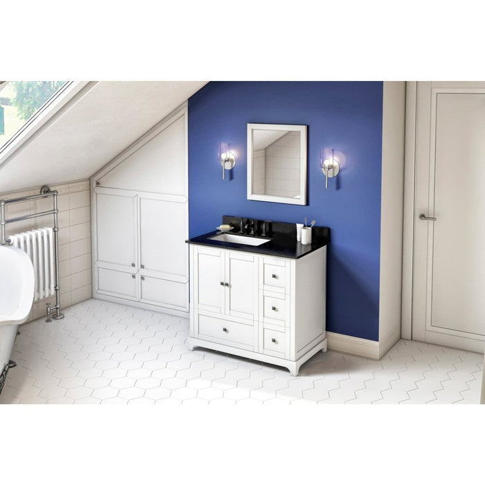 Jeffrey Alexander 36" White Addington Vanity, left offset, Black Granite Vanity Top, undermount rectangle bowl