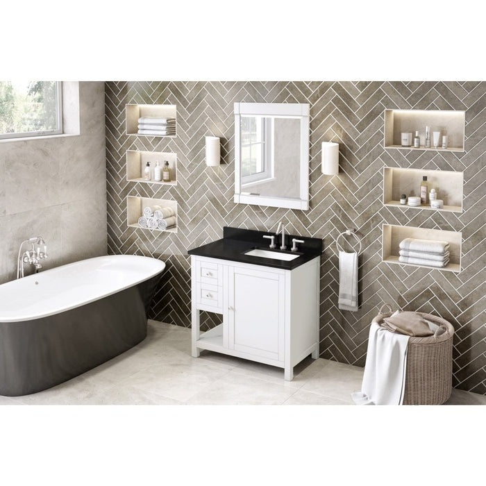 Jeffrey Alexander 36" White Astoria Vanity, right offset, Black Granite Vanity Top, undermount rectangle bowl